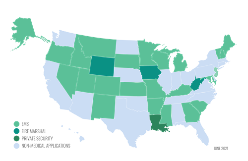 Map of the United States showing states with EMS, Fire Marshal, Private Security or non-ImageTrend systems